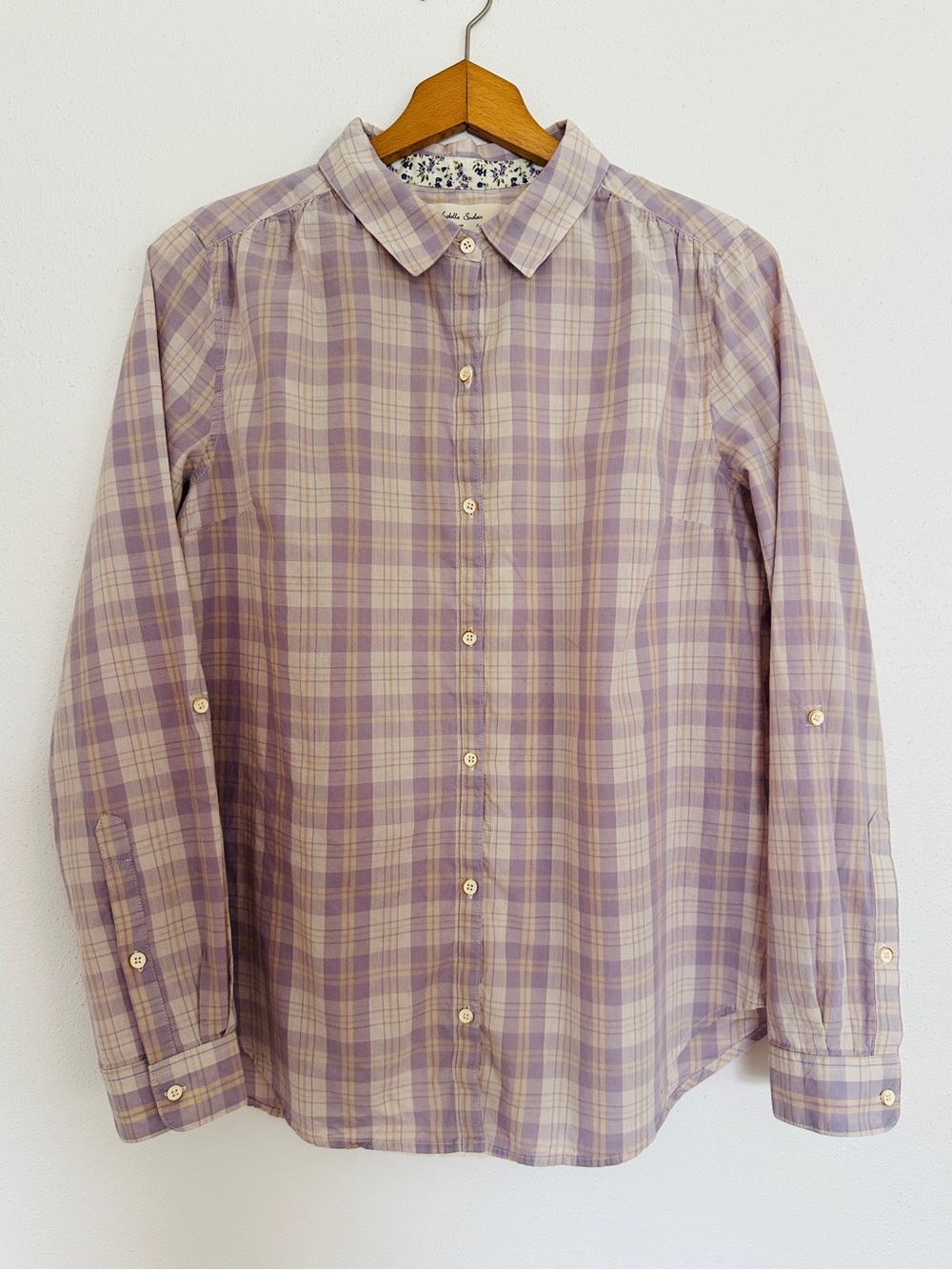 Anthropologie Isabella Sinclair Plaid Lace Back Button Down Lavender Size M
